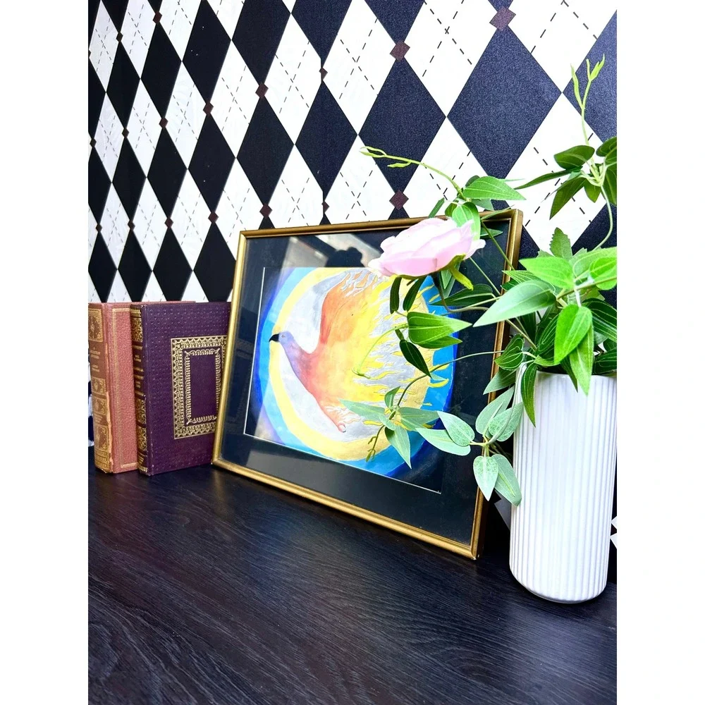 Original Framed Phoenix Bird Painting Celestial Outsider‎ Folk Art 15